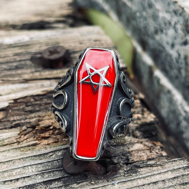 Gothic Coffin Pentagram Stainless Steel Ring
