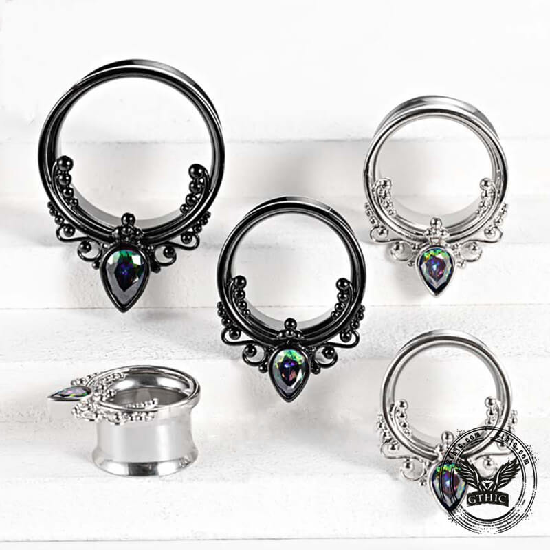 Gothic Gem-set Stainless Steel Tunnel Ear Gauges