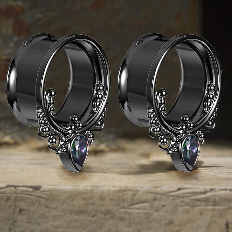 Gothic Gem-set Stainless Steel Tunnel Ear Gauges