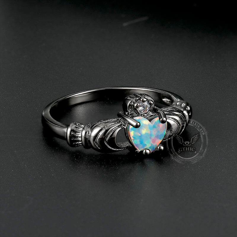 Gothic Love Heart Opal Brass Claddagh Ring
