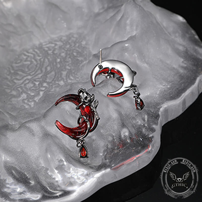 Gothic Red Moon Rose Alloy Earrings