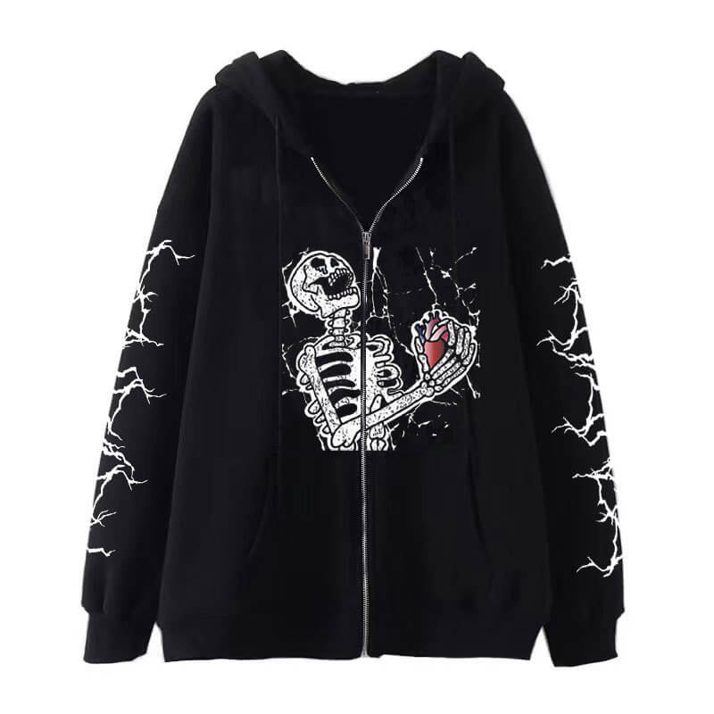 Gothic Skull Print Cotton Hoodie Coat