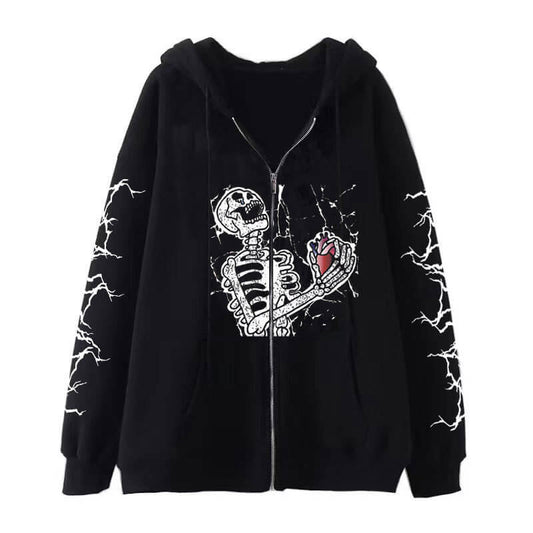 Gothic Skull Print Cotton Hoodie Coat