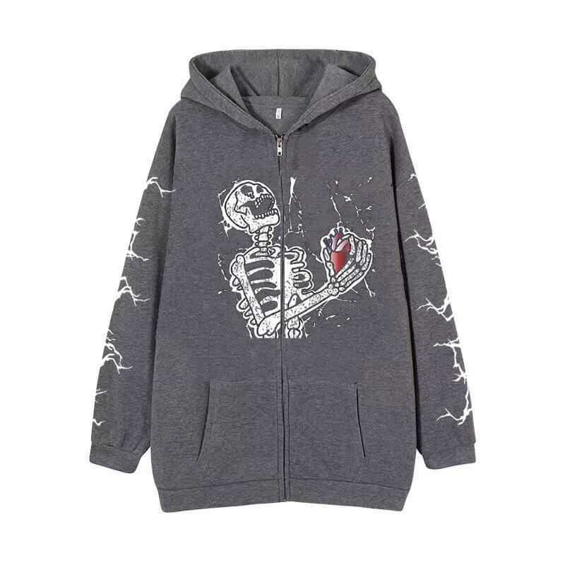 Gothic Skull Print Cotton Hoodie Coat