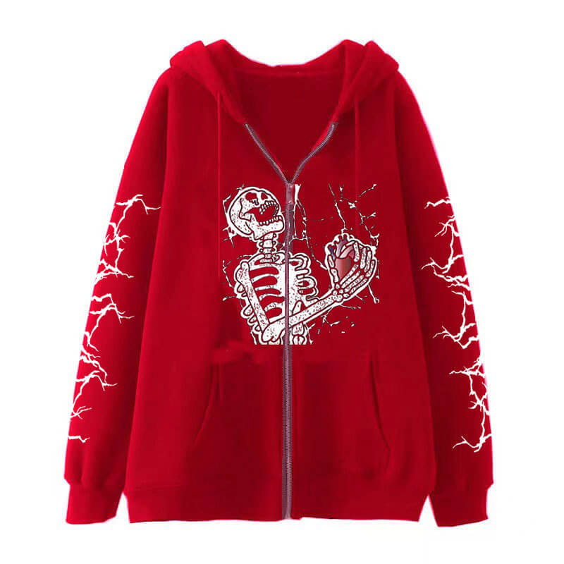 Gothic Skull Print Cotton Hoodie Coat