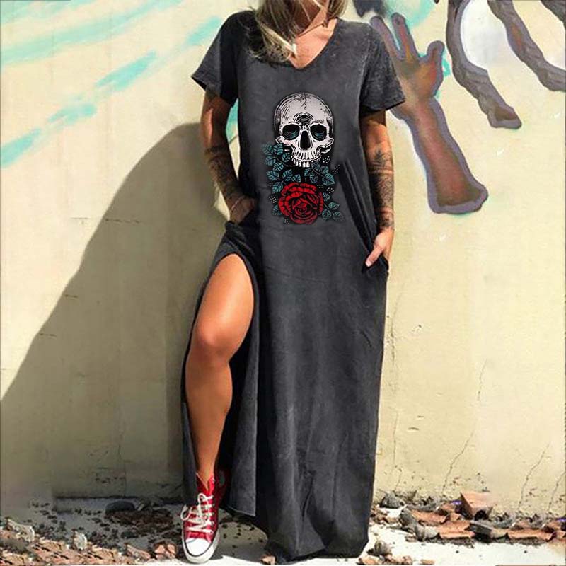 Gothic Skull Print V-neck Women’s Casual Dress