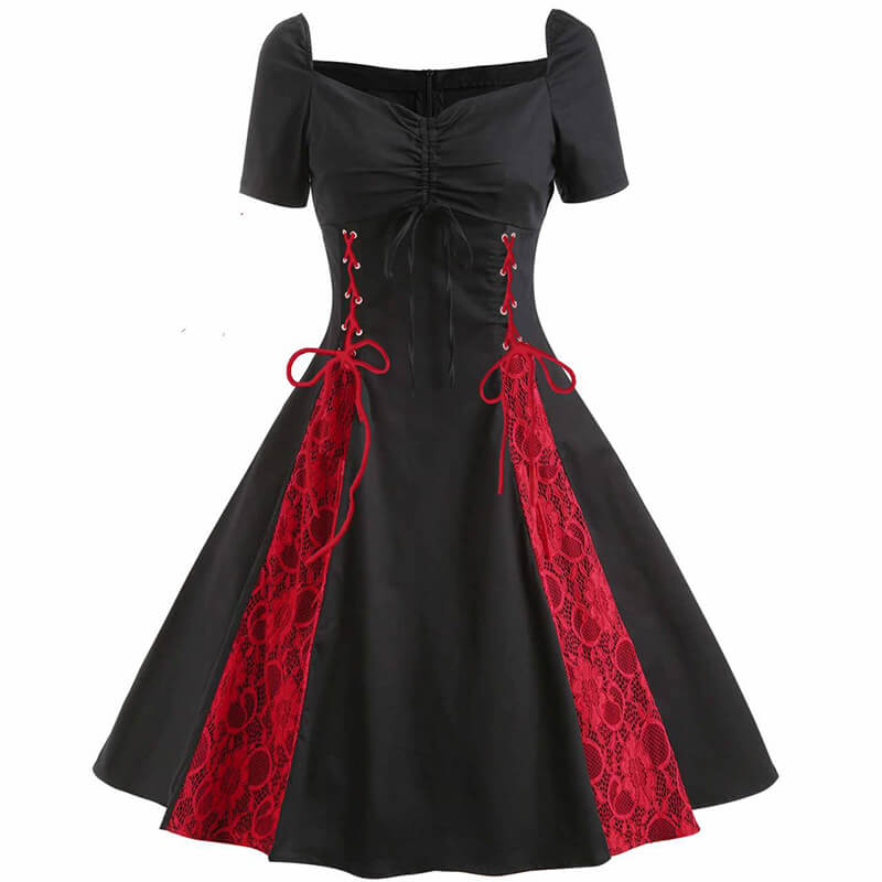 Gothic Solid Color Patchwork Lace Up Dress