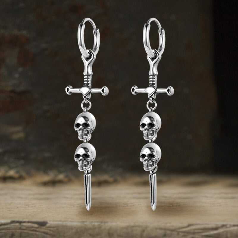 Gothic Sword Skulls Stainless Steel Hoop Earrings