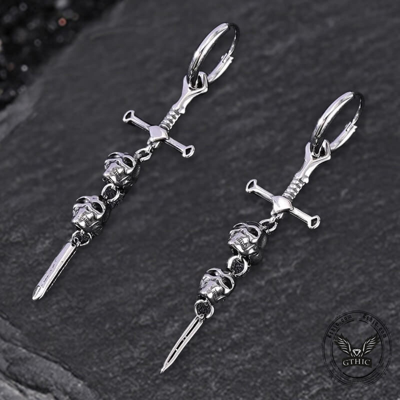 Gothic Sword Skulls Stainless Steel Hoop Earrings