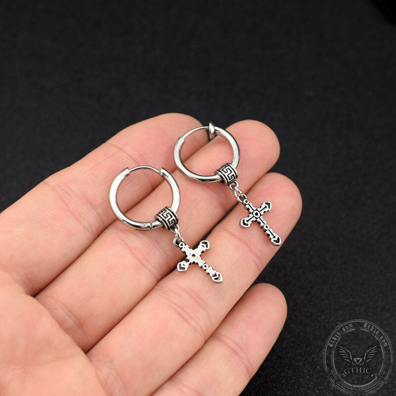 Great Wall Pattern Cross Stainless Steel Hoop Earrings