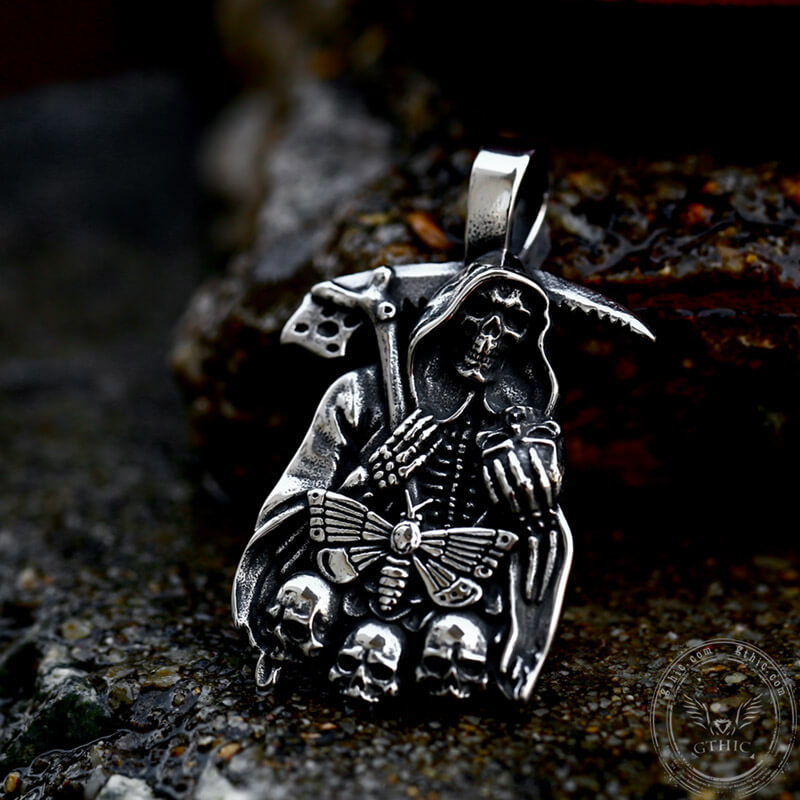 Grim Reaper Moth Stainless Steel Skull Pendant