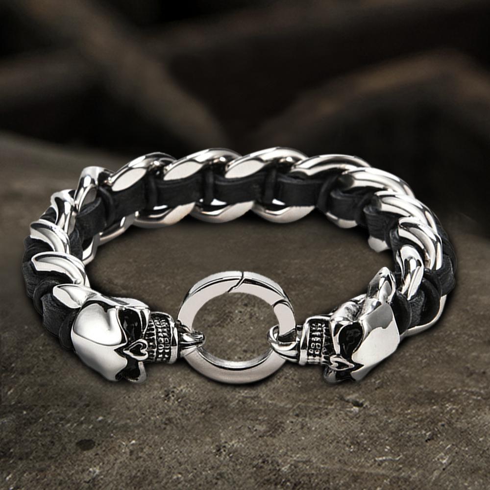 Double Head Skull Buckle Stainless Steel Braided Bracelet