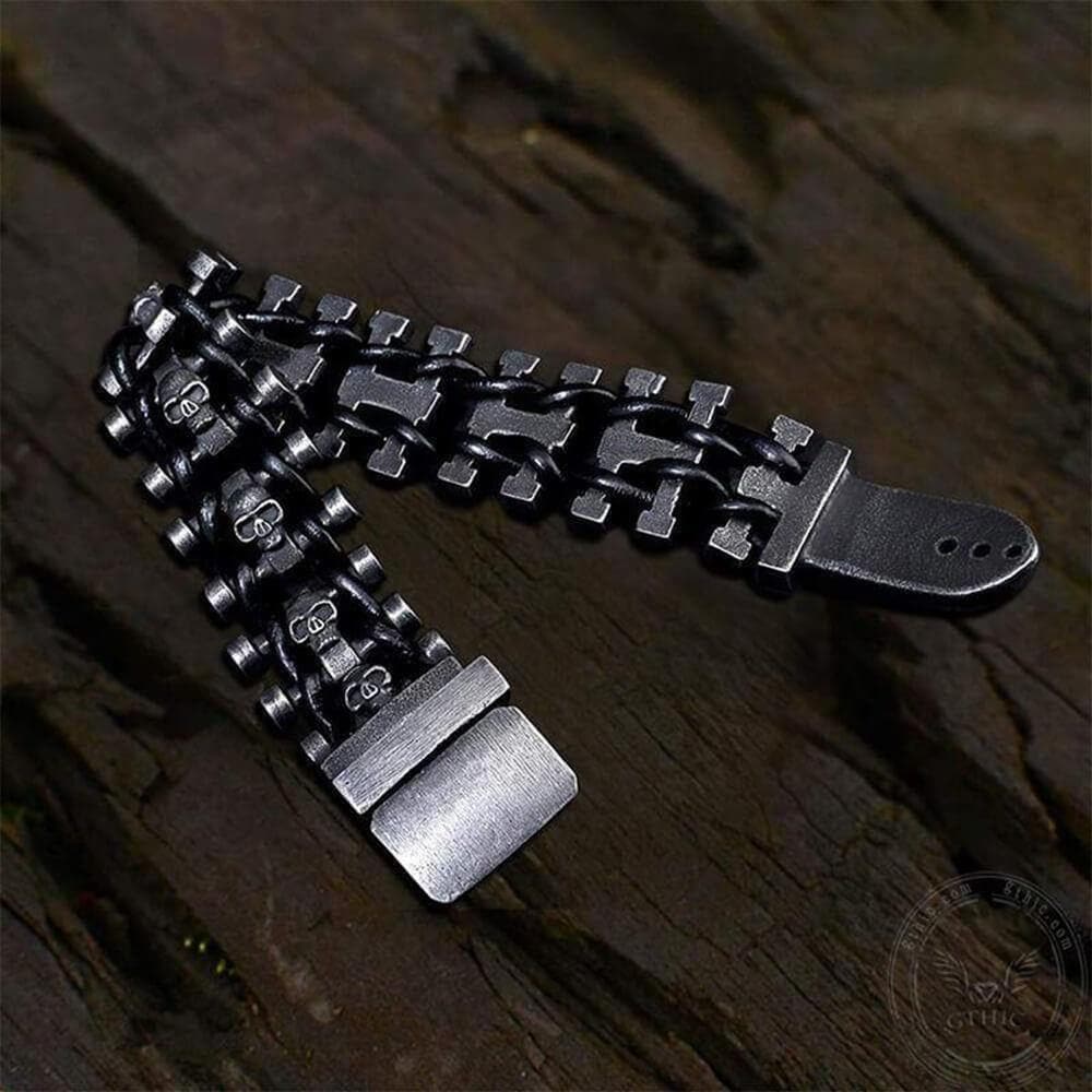 Vintage Woven Leather Stainless Steel Skull Bracelet