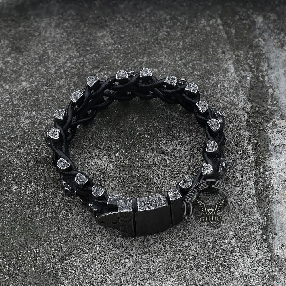 Vintage Woven Leather Stainless Steel Skull Bracelet