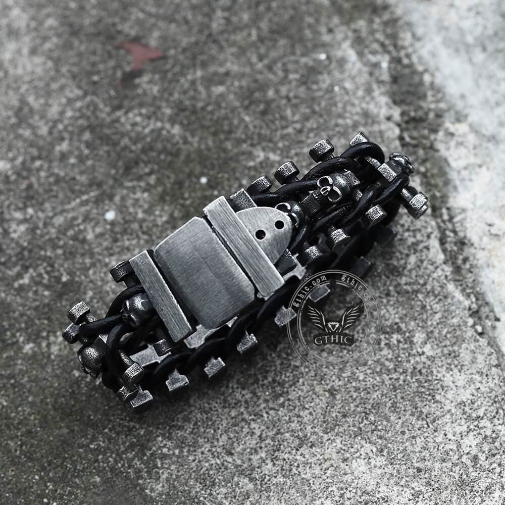 Vintage Woven Leather Stainless Steel Skull Bracelet