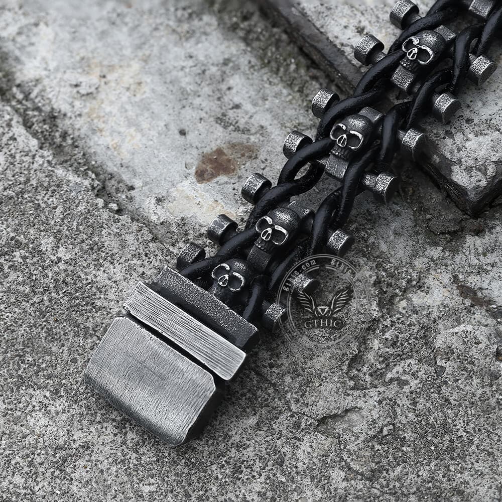 Vintage Woven Leather Stainless Steel Skull Bracelet