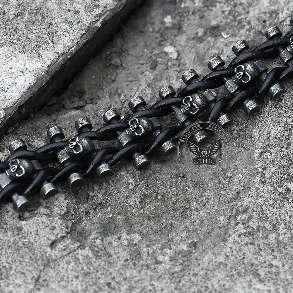 Vintage Woven Leather Stainless Steel Skull Bracelet