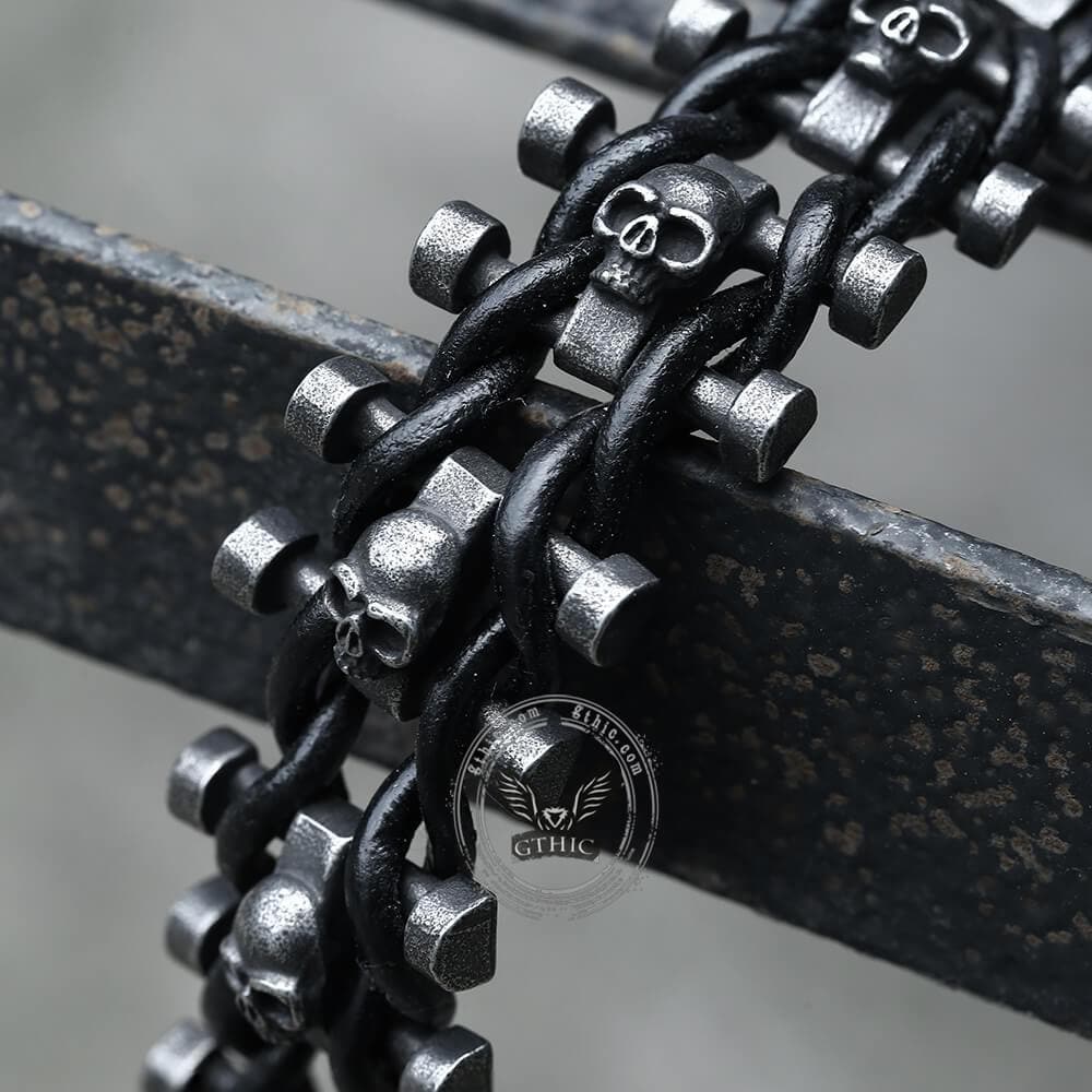 Vintage Woven Leather Stainless Steel Skull Bracelet