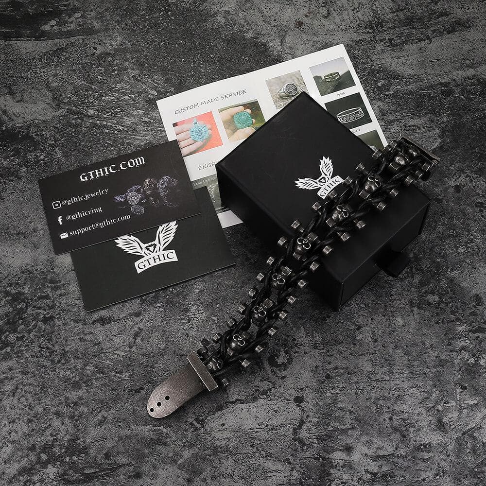 Vintage Woven Leather Stainless Steel Skull Bracelet