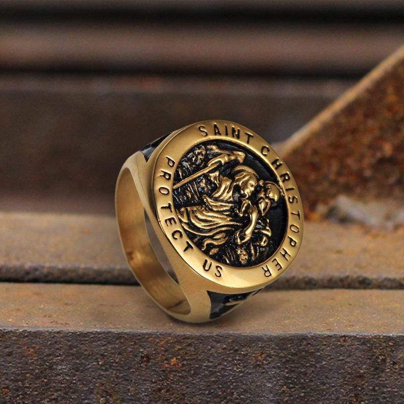 Saint Christopher Protect Us Stainless Steel Cross Ring