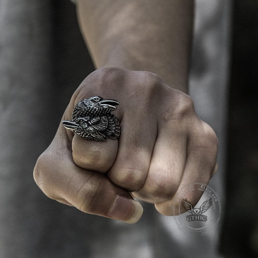 Odin Ravens Huginn and Munin Stainless Steel Viking Ring