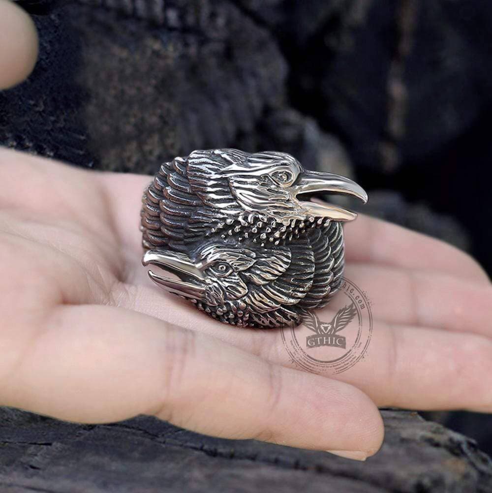 Odin Ravens Huginn and Munin Stainless Steel Viking Ring
