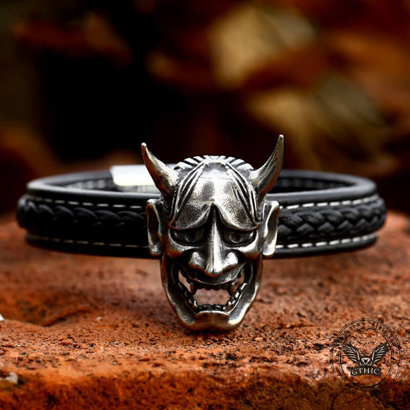 Hannya Oni Stainless Steel Leather Bracelet