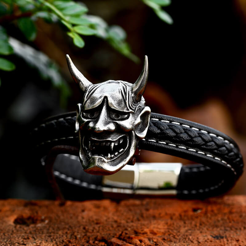 Hannya Oni Stainless Steel Leather Bracelet