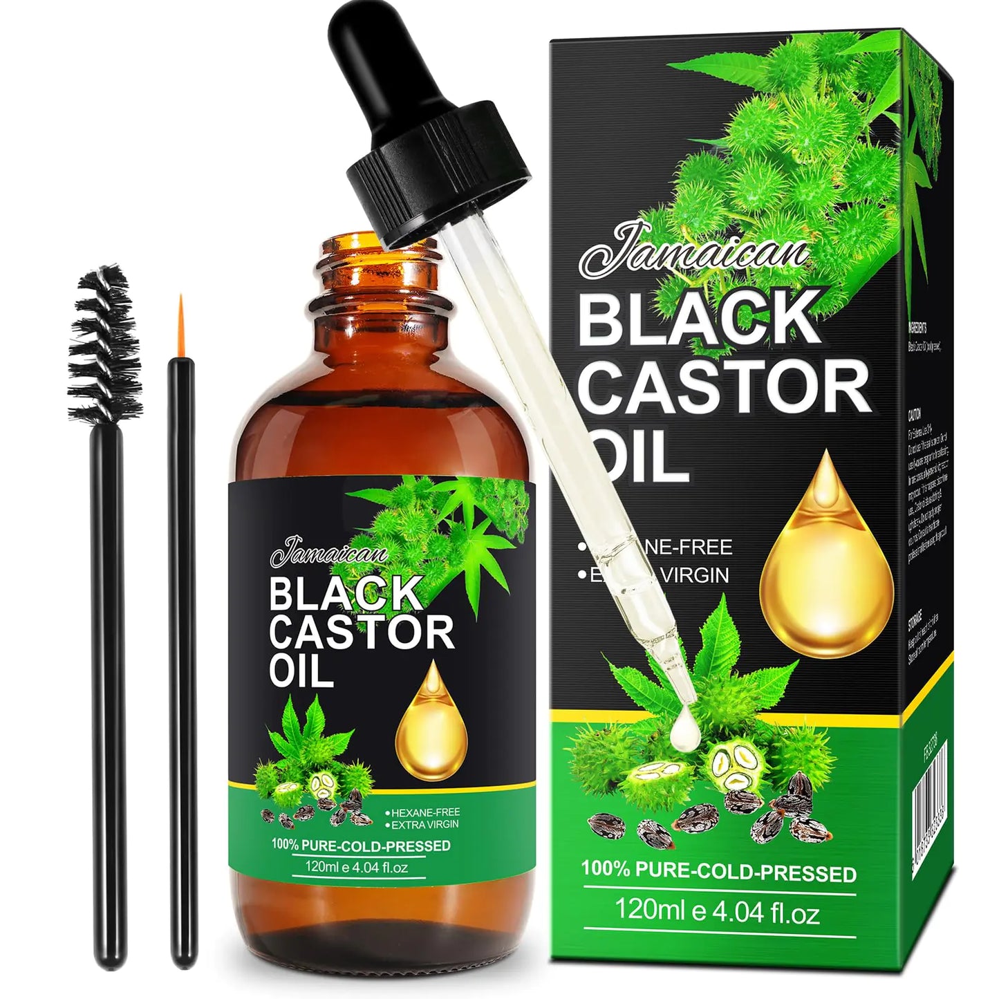 Jamaican Black Castor Oil 4Fl Oz Organic Cold Pressed Unrefined Castor Oils for Hair Growth & Skin Care Nourish Eyelashes and Eyebrows - Glass Bottle