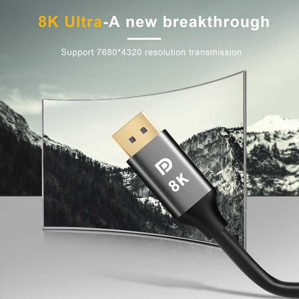 High Speed 32.4Gbps Slim And Flexible 1.4 8K 4K HDR 60Hz DisplayPort Cable Adapter For Video PC Laptop TV Monitor