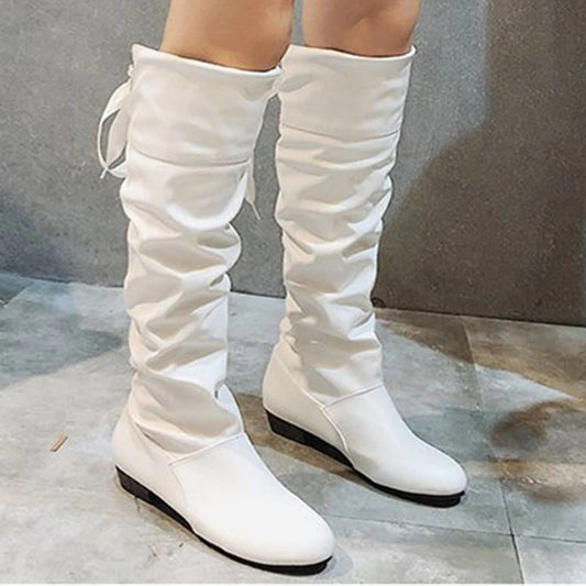 For Women  Knee High Boots Red Black White Tall Boots Woman Pleated Low Heel Casual Leather Female Long Shoes - Premium  from Lizard Vigilante - Just $89.99! Shop now at Lizard Vigilante