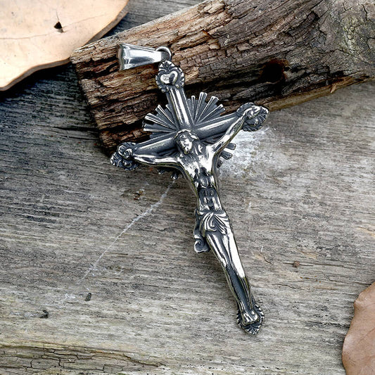 Holy Light Jesus Suffering Stainless Steel Cross Pendant