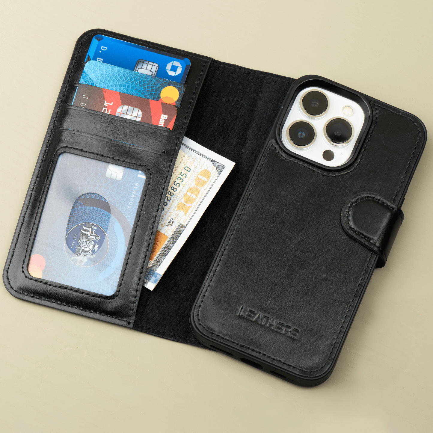 iPhone 16 Series Black Leather Wallet Case - New York