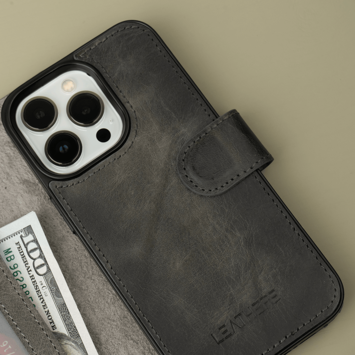 iPhone 16 Series Grey Leather Wallet Case - New York