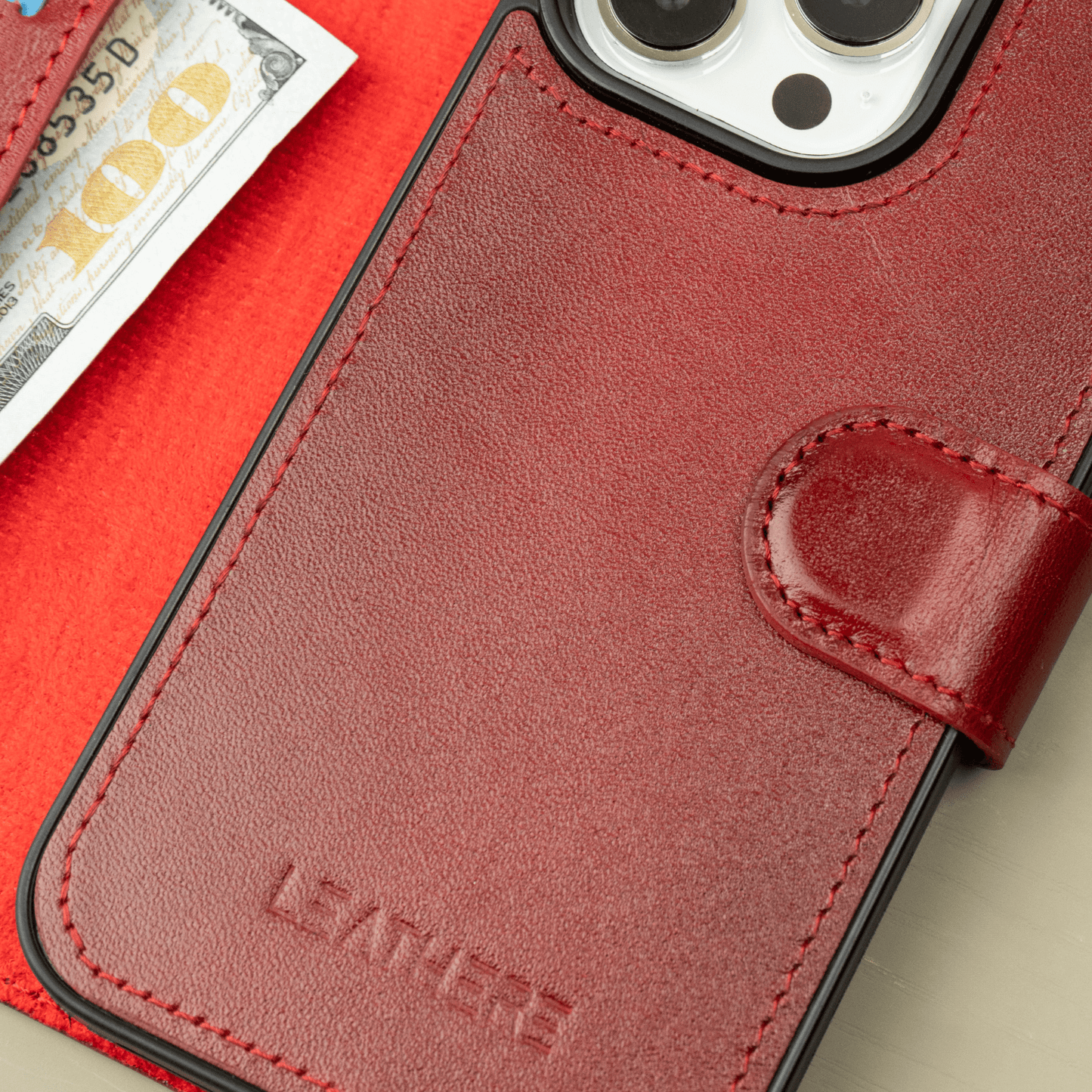 iPhone 16 Series Red Leather Wallet Case - New York