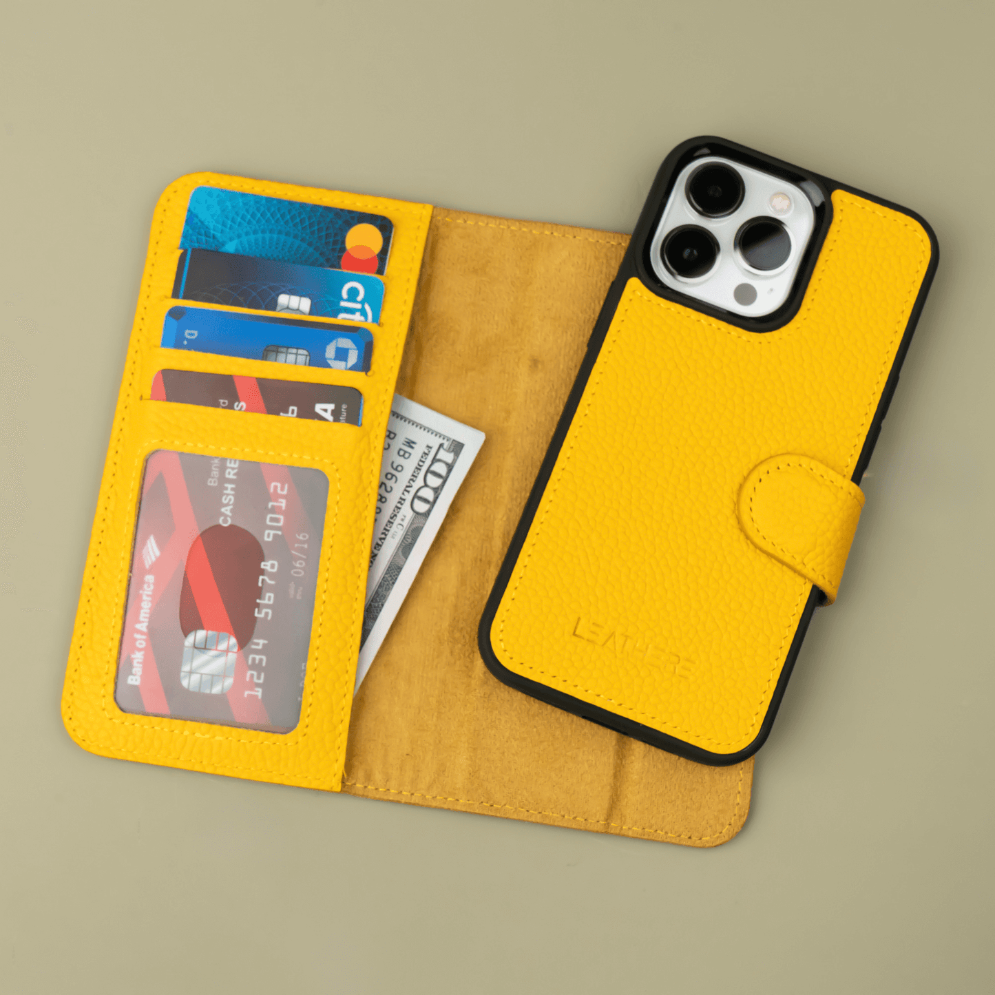 iPhone 16 Series Yellow Leather Wallet Case - New York
