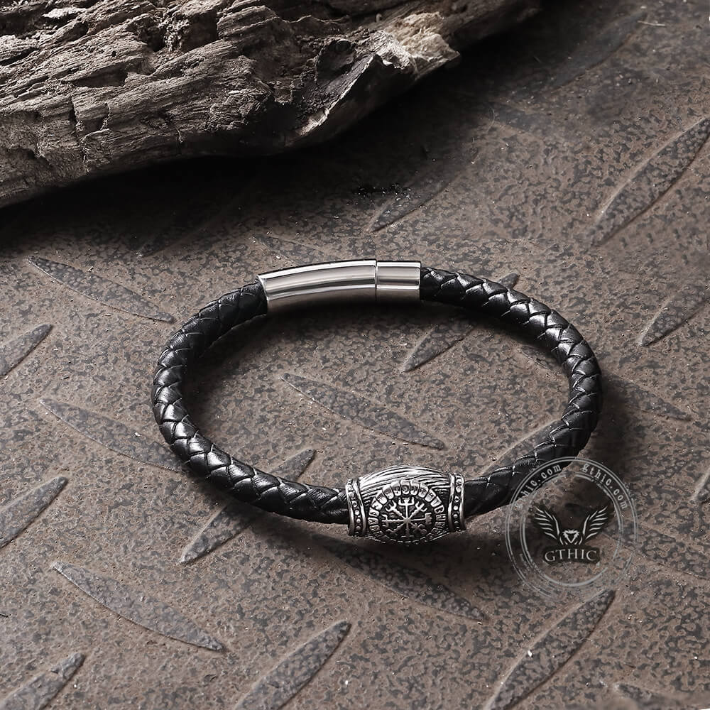 Icelandic Magic Symbol Stainless Steel Leather Bracelet