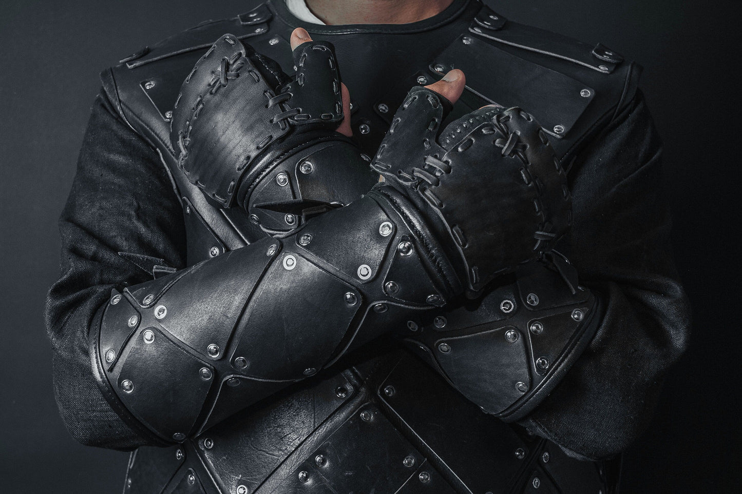 Medieval leather bracers with hand protection