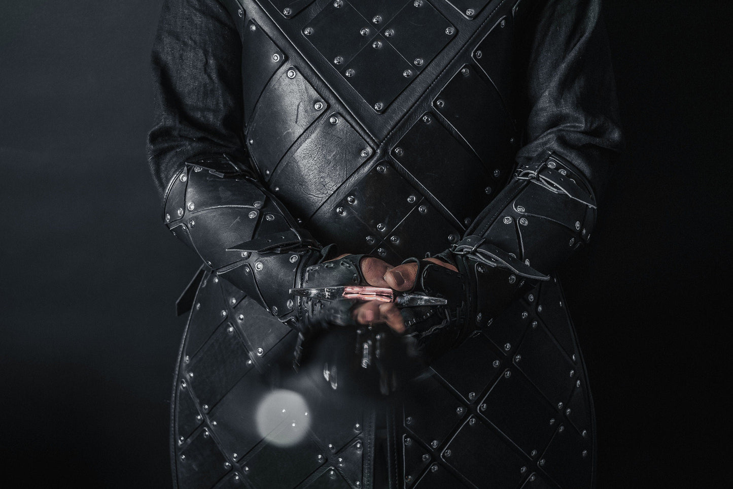 Medieval leather bracers with hand protection