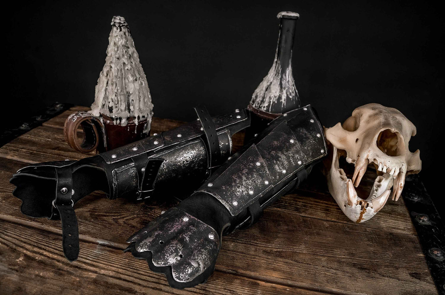 Medieval leather bracers with hand protection