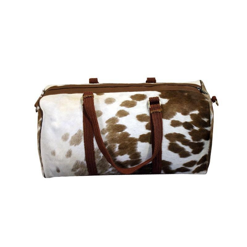 Handmade Genuine Leather Duffel Bag Large Travel Bag Cow Hide Weekend Bag Overnight Bag in Brown & White