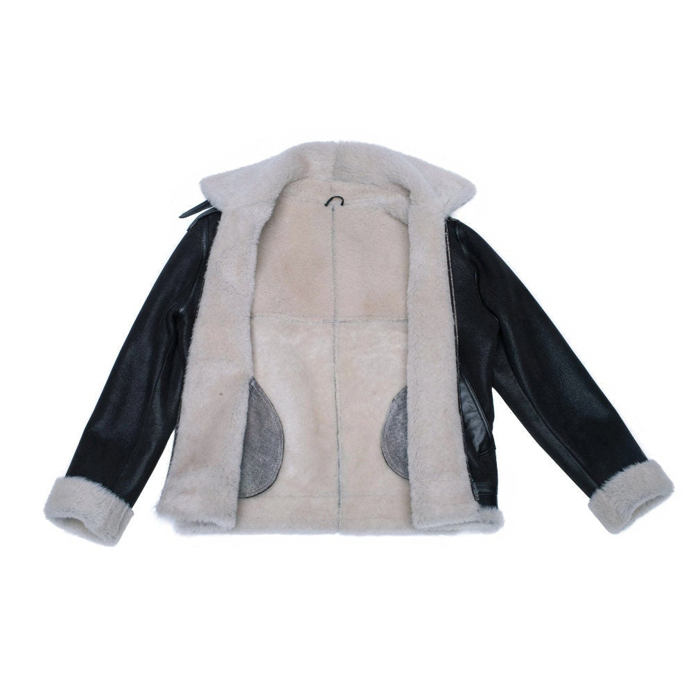 Handmade Hampton's Classic Brown Bomber Aviator Shearling Jacket With Collar Belt