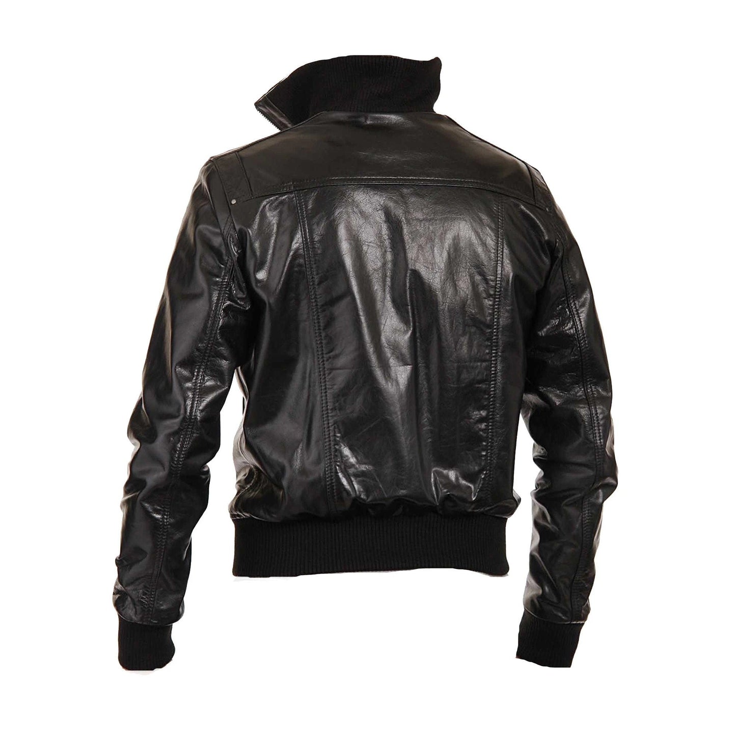 Handmade Black Leather Jacket With Straight Ribbed Collar