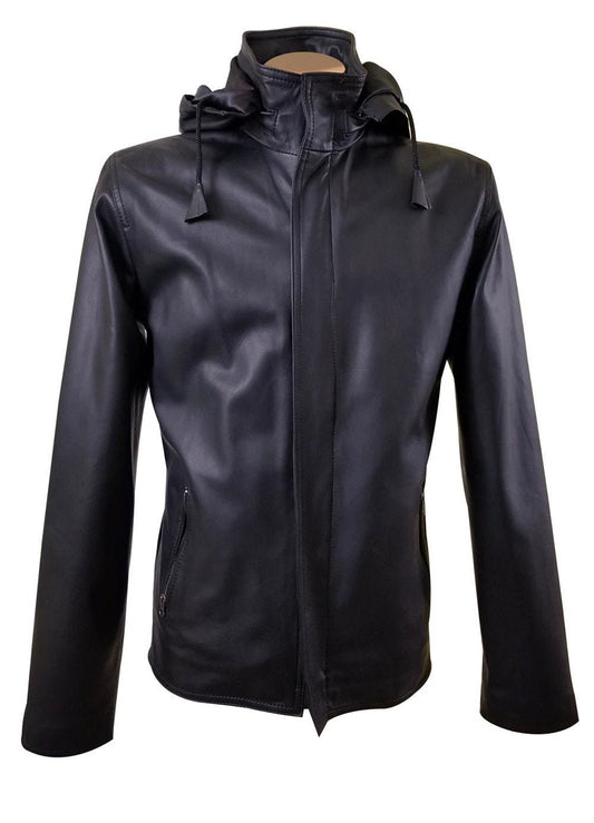 Handmade Dapper Zip Up Leather Jacket With Hoodie