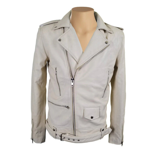 Handmade Holman's Cream Color Biker Leather Jacket With Waist Belt