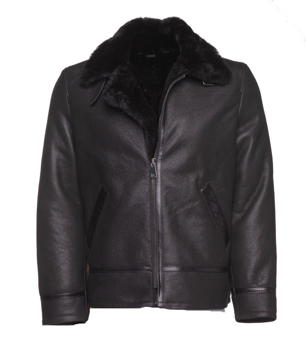 Handmade Black B3 Bomber Aviator Shearling Jacket