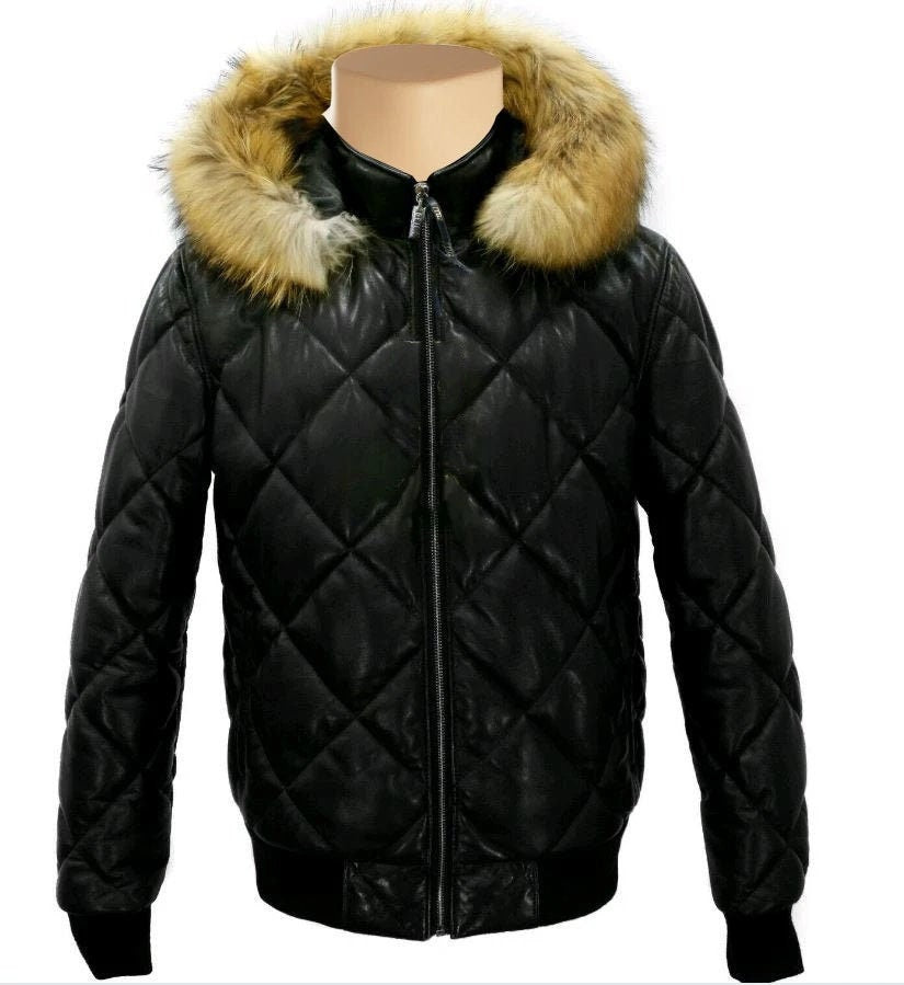Handmade Joel Quilted Puffer Winter Leather Jacket With Diamond Stitching And Fur Hoodie