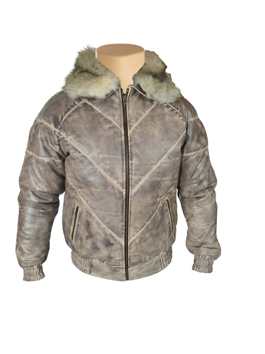Handmade Casper's V-Bomber Style Puffer Winter Leather Jacket With White Fox Fur Collar