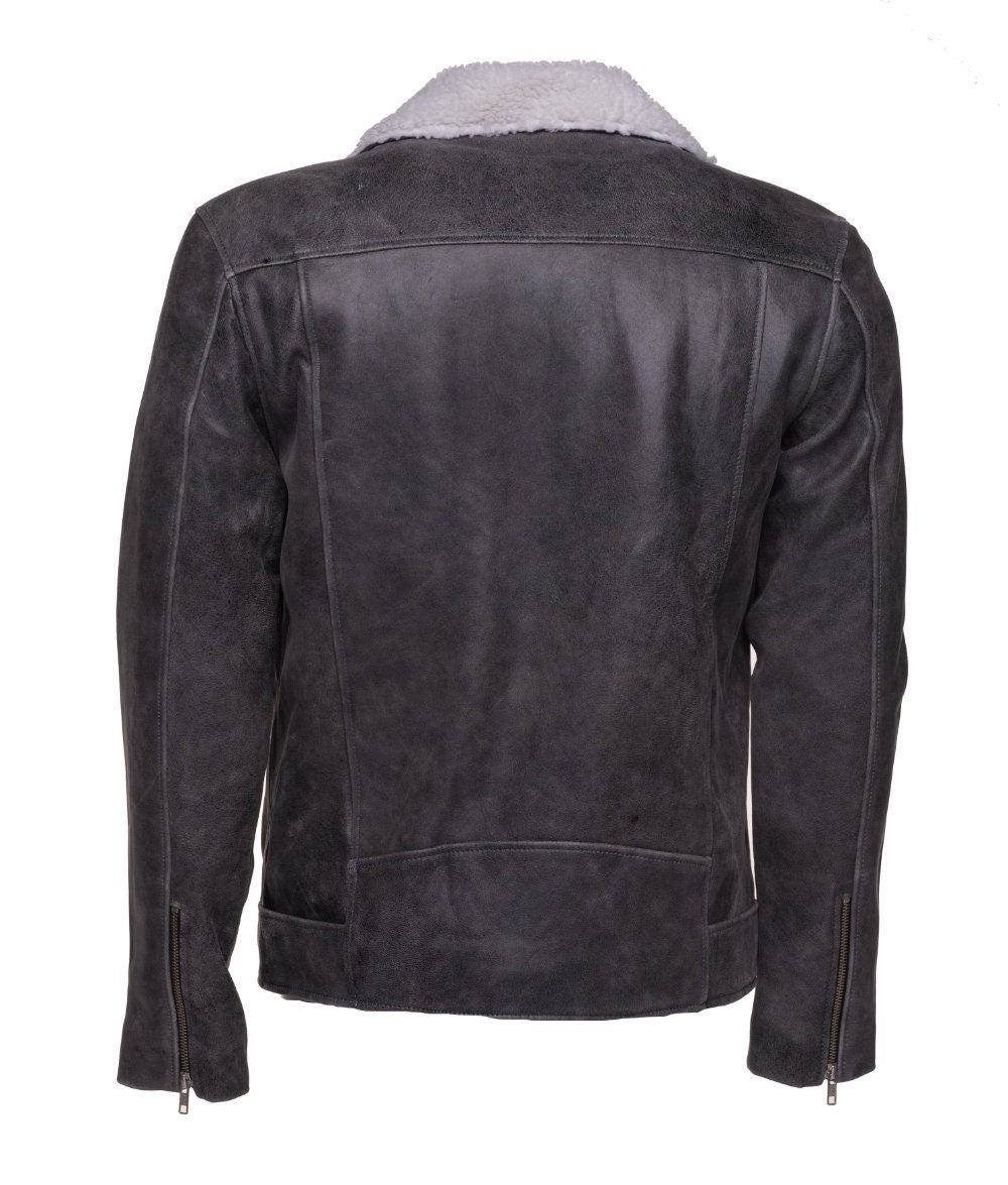 Handmade Vintage Grey Biker Leather Jacket With Sherpa Lining