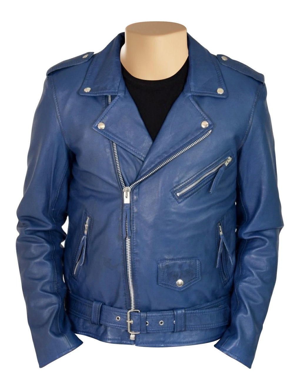 Handmade Kain Blue Classic Biker Style Leather Jacket With Belt